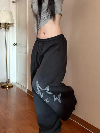 Star Print Washed Wide Drawstring Training Pants