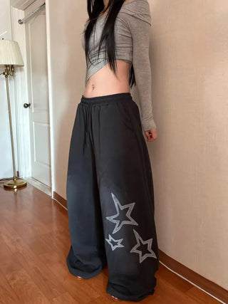 Star Print Washed Wide Drawstring Training Pants