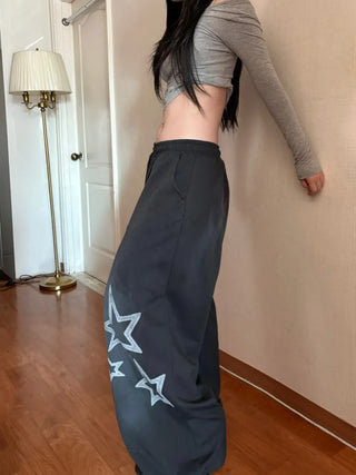 Star Print Washed Wide Drawstring Training Pants