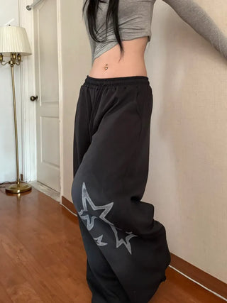 Star Print Washed Wide Drawstring Training Pants