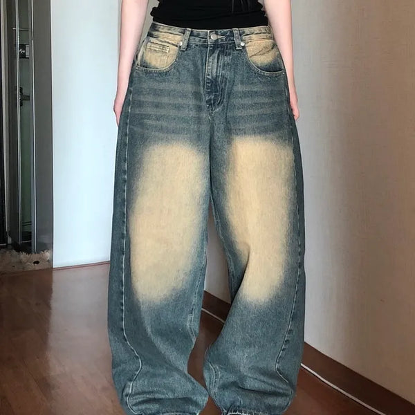 Tin Washed Vintage Denim Side Pintuck Wide Pants
