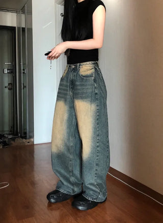 Tin Washed Vintage Denim Side Pintuck Wide Pants