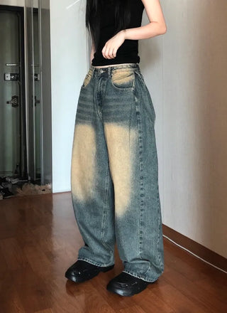 Tin Washed Vintage Denim Side Pintuck Wide Pants