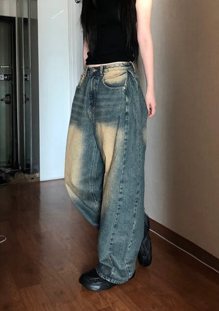 Tin Washed Vintage Denim Side Pintuck Wide Pants