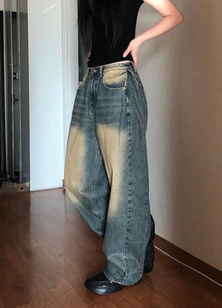 Tin Washed Vintage Denim Side Pintuck Wide Pants