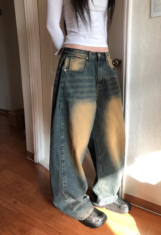 Tin Washed Vintage Denim Side Pintuck Wide Pants