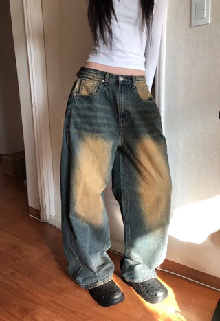 Tin Washed Vintage Denim Side Pintuck Wide Pants