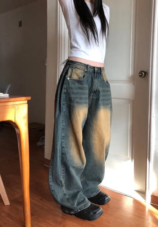 Tin Washed Vintage Denim Side Pintuck Wide Pants