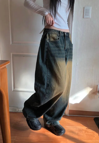Tin Washed Vintage Denim Side Pintuck Wide Pants