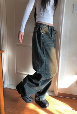 Tin Washed Vintage Denim Side Pintuck Wide Pants