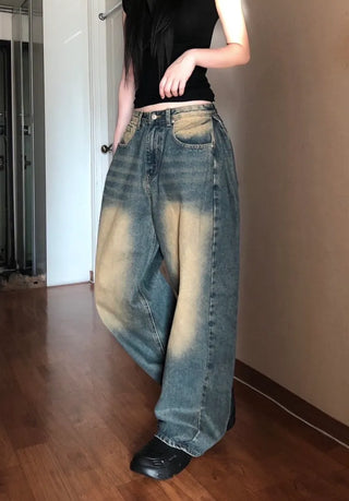 Tin Washed Vintage Denim Side Pintuck Wide Pants