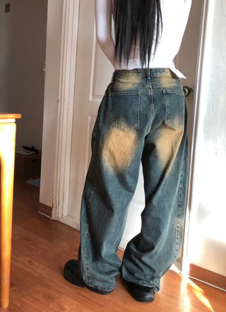 Tin Washed Vintage Denim Side Pintuck Wide Pants