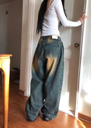 Tin Washed Vintage Denim Side Pintuck Wide Pants
