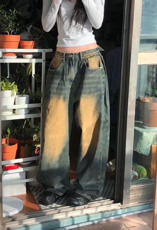 Tin Washed Vintage Denim Side Pintuck Wide Pants