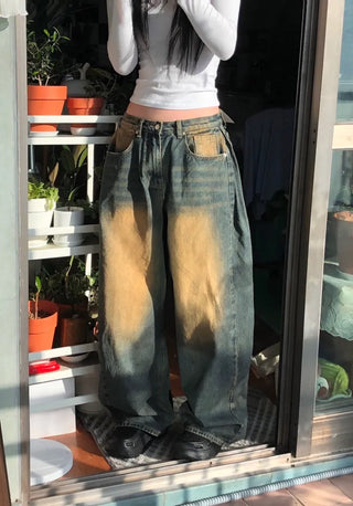 Tin Washed Vintage Denim Side Pintuck Wide Pants