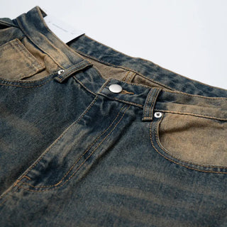 Tin Washed Vintage Denim Side Pintuck Wide Pants