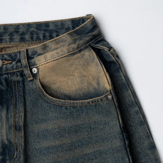 Tin Washed Vintage Denim Side Pintuck Wide Pants