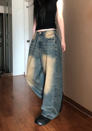Tin Washed Vintage Denim Side Pintuck Wide Pants