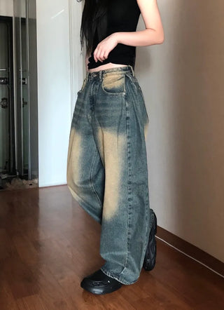 Tin Washed Vintage Denim Side Pintuck Wide Pants