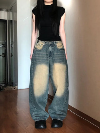 Tin Washed Vintage Denim Side Pintuck Wide Pants