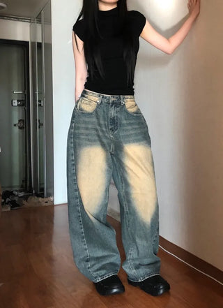 Tin Washed Vintage Denim Side Pintuck Wide Pants