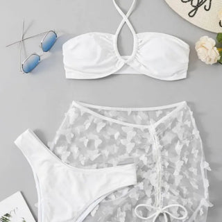 See-through halterneck butterfly wrap skirt bikini three-piece cover-up swimsuit
