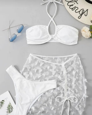 See-through halterneck butterfly wrap skirt bikini three-piece cover-up swimsuit