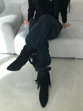 Fringe boots tassel ankle shorts