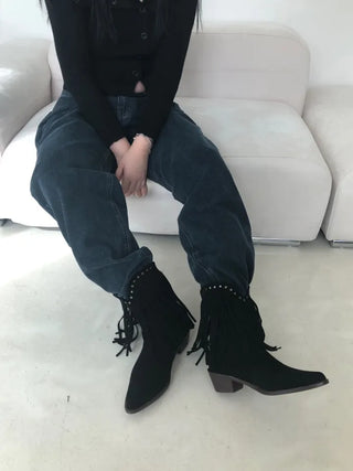 Fringe boots tassel ankle shorts