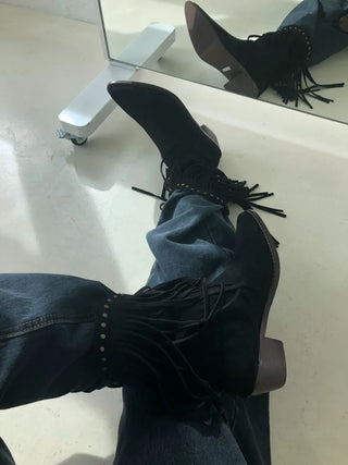 Fringe boots tassel ankle shorts