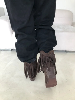 Fringe boots tassel ankle shorts