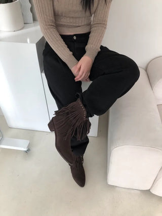 Fringe boots tassel ankle shorts