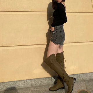Two-way Leather Strap Knee-High Wide-Legged Long Boots
