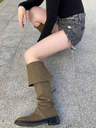 Two-way Leather Strap Knee-High Wide-Legged Long Boots