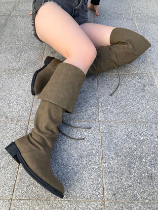 Two-way Leather Strap Knee-High Wide-Legged Long Boots