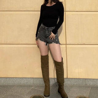 Two-way Leather Strap Knee-High Wide-Legged Long Boots