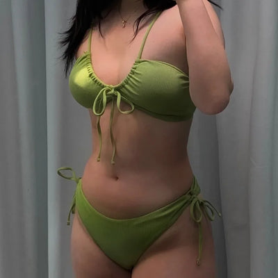 Ribbon Strap Ribbed Knit Bikini Swimsuit Resort