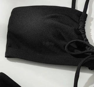 Ribbon Strap Ribbed Knit Bikini Swimsuit Resort
