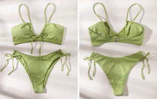 Ribbon Strap Ribbed Knit Bikini Swimsuit Resort