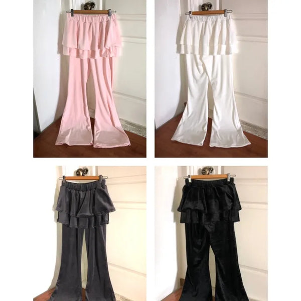 Velvet tiered frill layered bootcut tracksuit skirt-pants