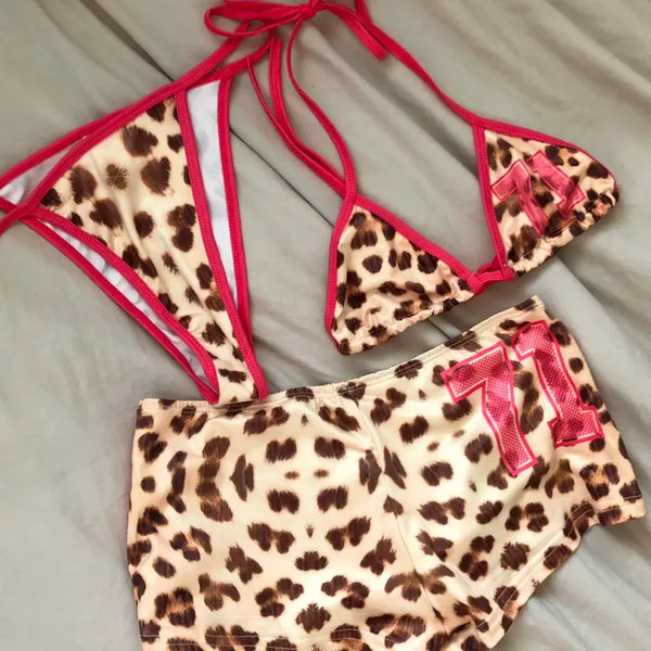 Leopard print micro sporty color block bikini set
