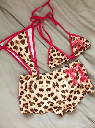 Leopard print micro sporty color block bikini set