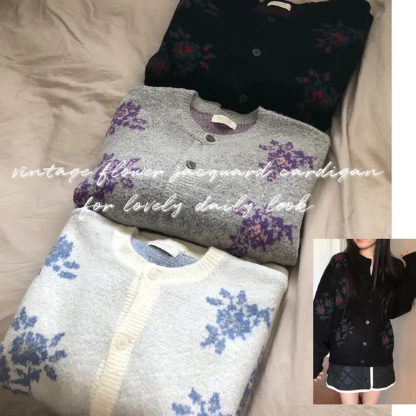 Vintage Floral Embroidery Jacquard Knit Cardigan Mohair Knit Boucle Knit