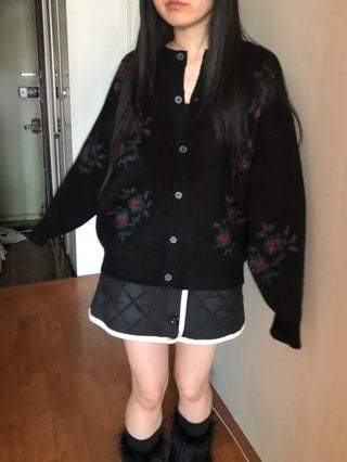 Vintage Floral Embroidery Jacquard Knit Cardigan Mohair Knit Boucle Knit