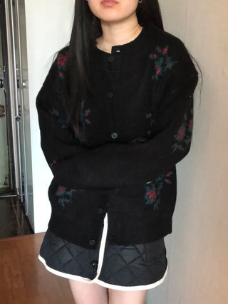 Vintage Floral Embroidery Jacquard Knit Cardigan Mohair Knit Boucle Knit