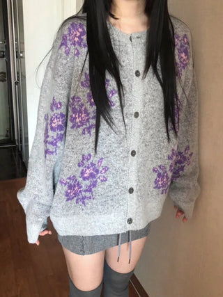 Vintage Floral Embroidery Jacquard Knit Cardigan Mohair Knit Boucle Knit
