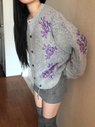 Vintage Floral Embroidery Jacquard Knit Cardigan Mohair Knit Boucle Knit