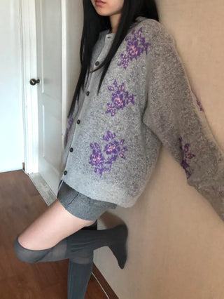 Vintage Floral Embroidery Jacquard Knit Cardigan Mohair Knit Boucle Knit