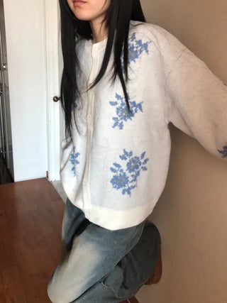Vintage Floral Embroidery Jacquard Knit Cardigan Mohair Knit Boucle Knit