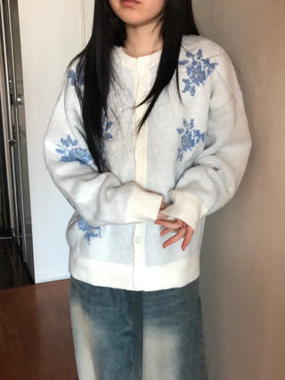 Vintage Floral Embroidery Jacquard Knit Cardigan Mohair Knit Boucle Knit